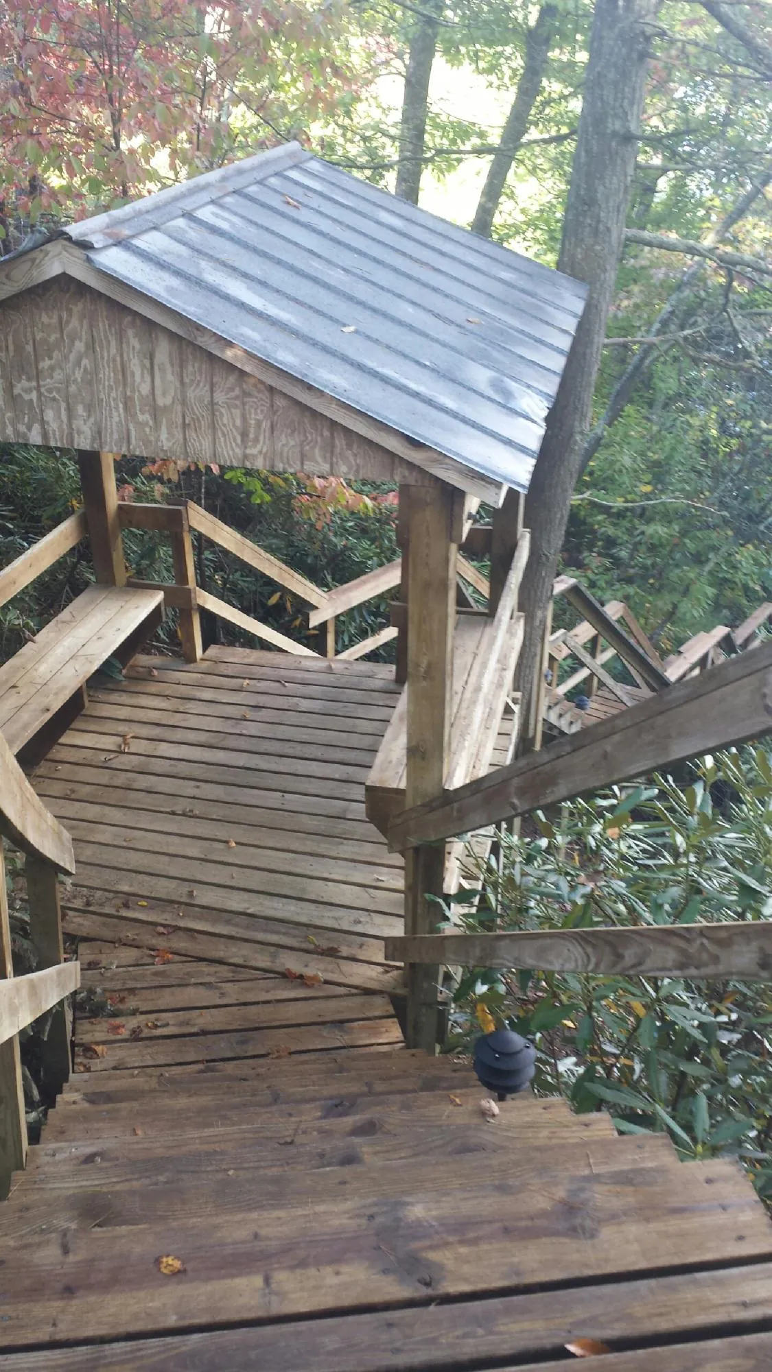 Metal roofed shelter over wooden steps on a wooded walkway — Skylight Repair & Installation work by our crew in Mankato